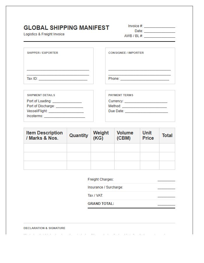 Global Shipping Manifest Logistics Invoice Template