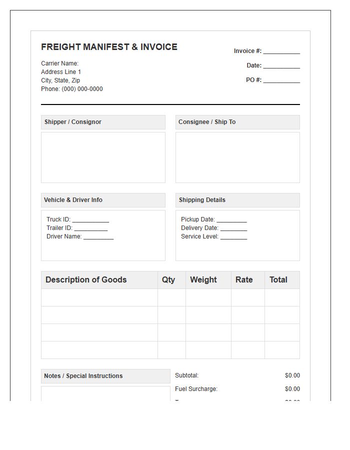 Ground Transport Freight Manifest Invoice Template