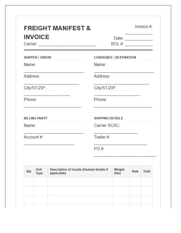 Industrial Freight Manifest Billing Invoice Template