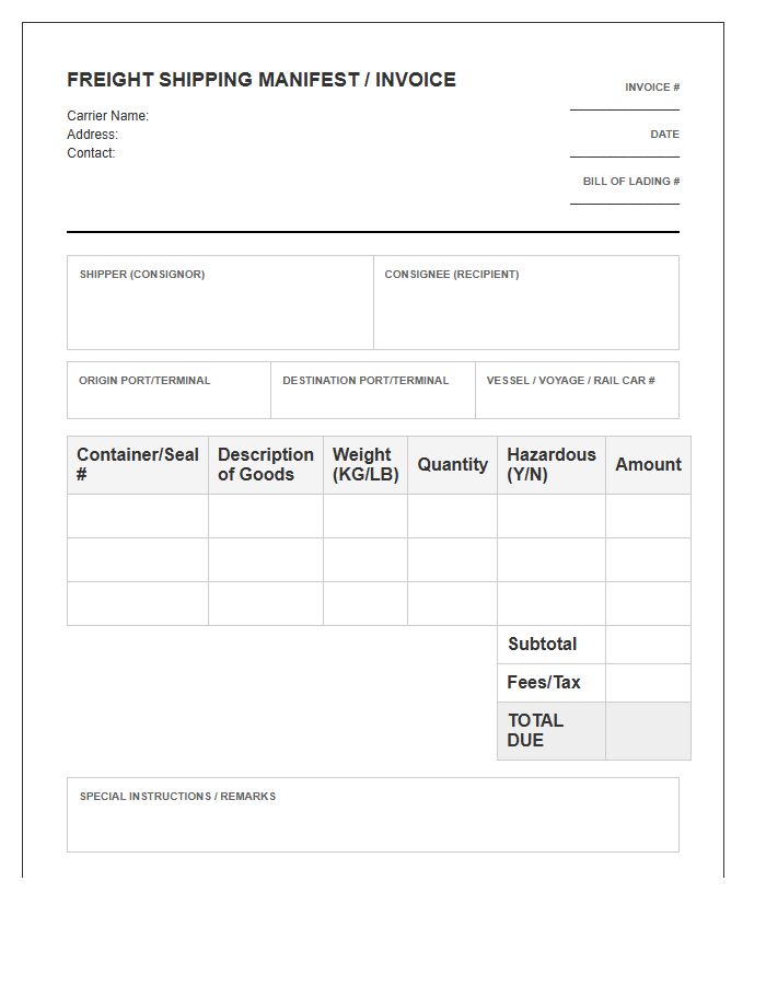 Intermodal Freight Shipping Manifest Invoice Template