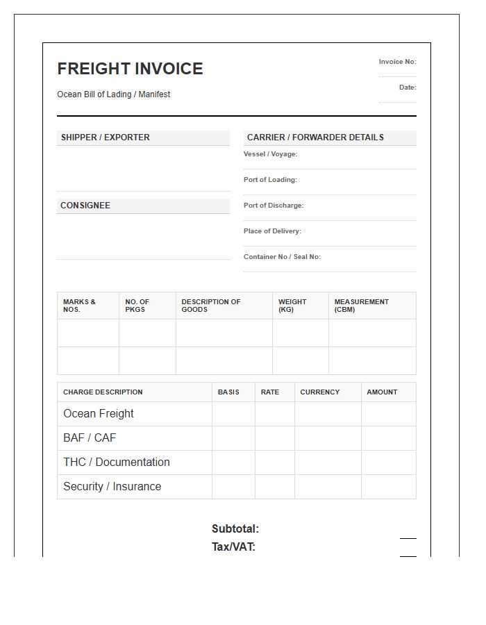 International Ocean Freight Manifest Invoice Template