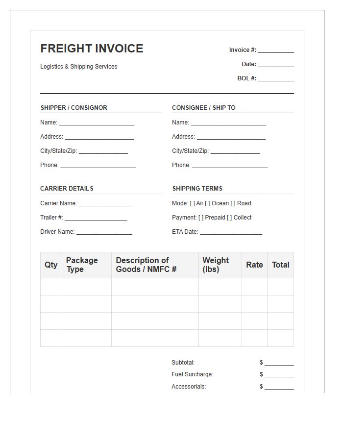 Logistics Freight Shipping Manifest Invoice Template