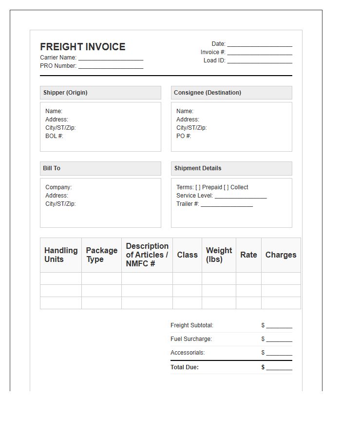LTL Freight Manifest Billing Invoice Template