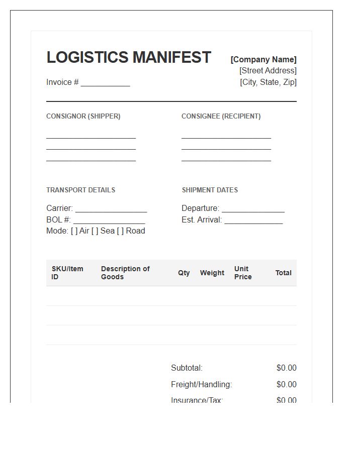 Supply Chain Logistics Manifest Invoice Template