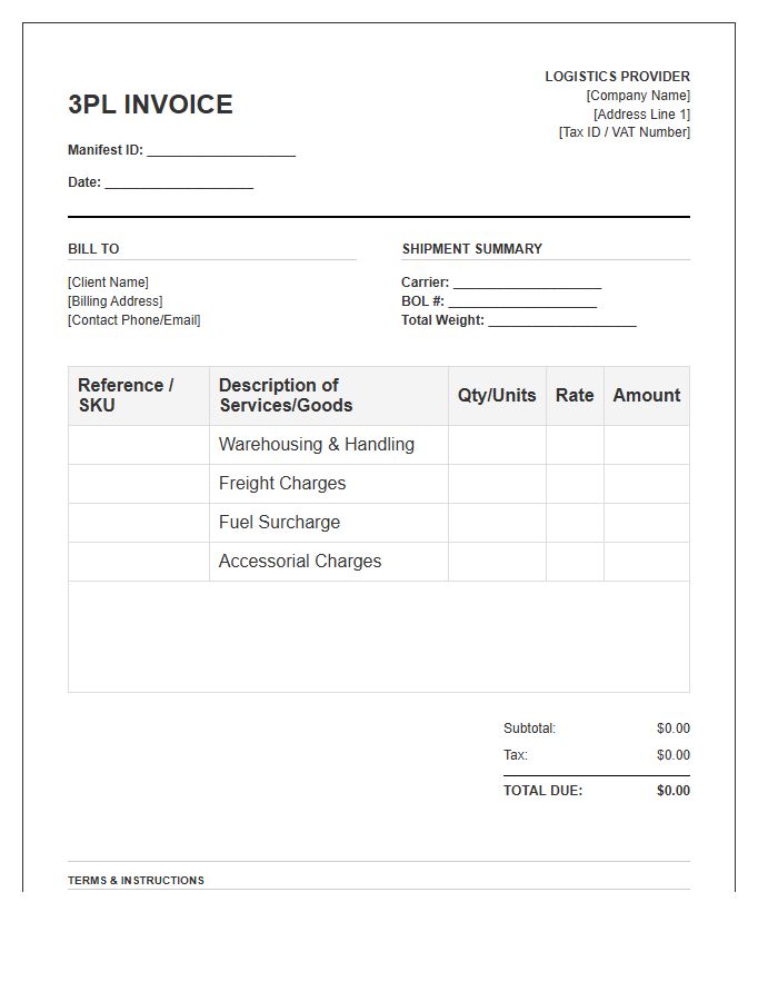 Third Party Logistics Manifest Invoice Template