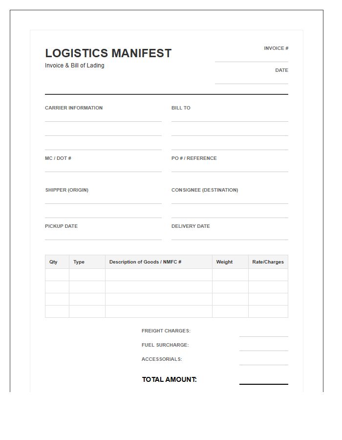 Trucking Logistics Manifest Bill Invoice Template