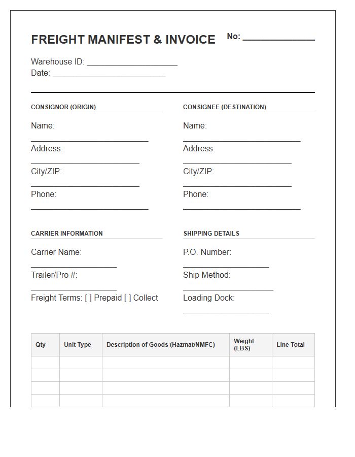 Warehouse Shipping Freight Manifest Invoice Template
