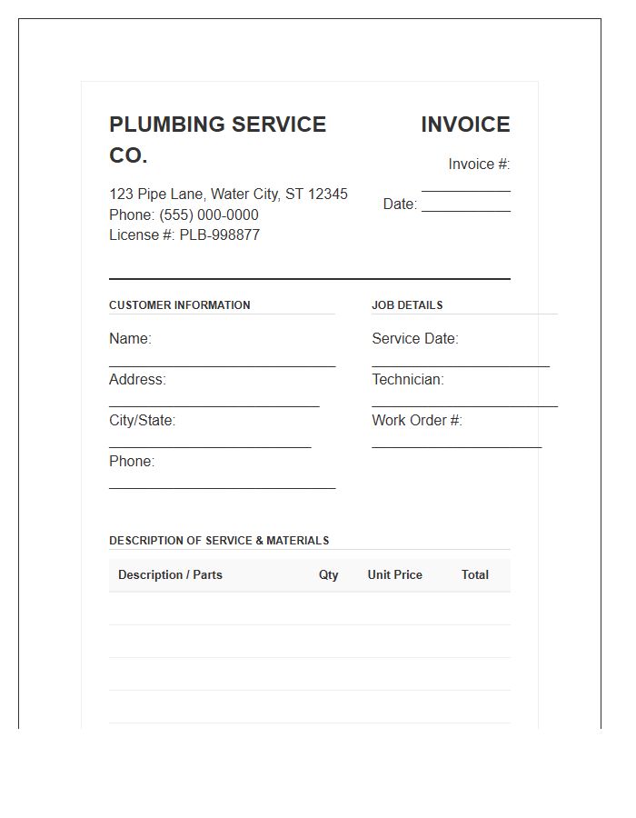 Detailed Residential Plumbing Repair Invoice Template