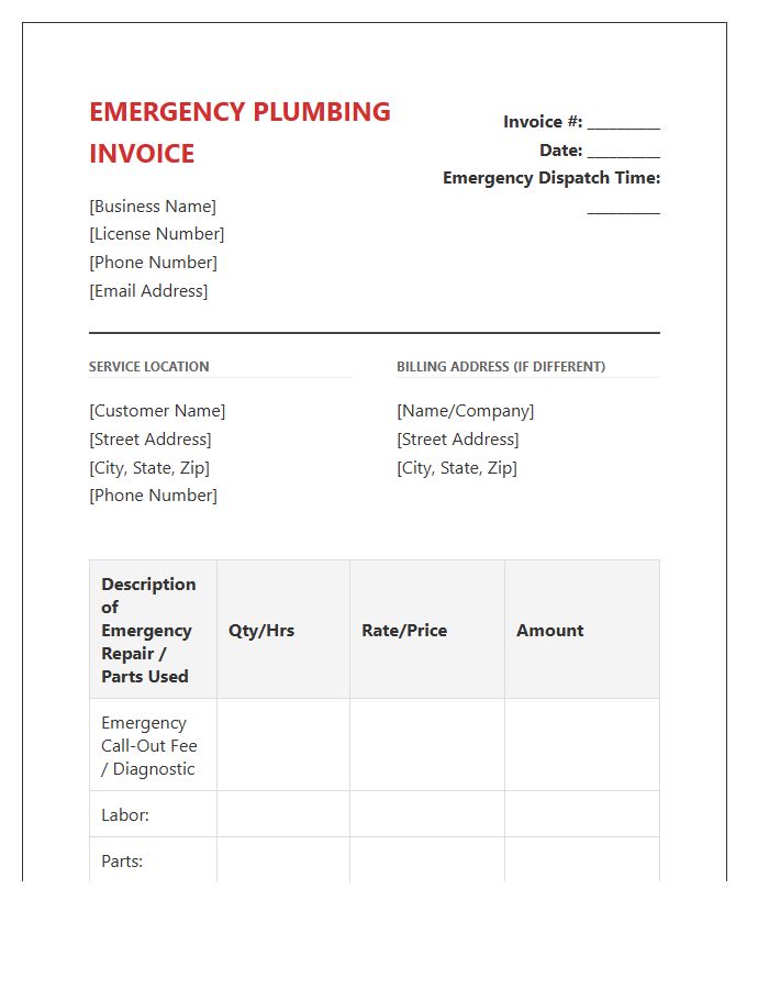 Emergency Residential Plumbing Repair Invoice Template