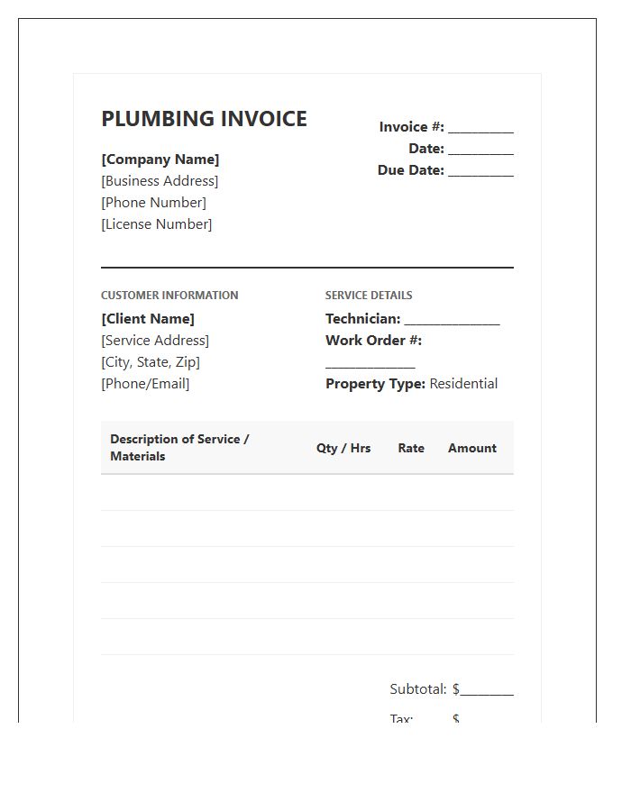 Formal Residential Plumbing Repair Invoice Template