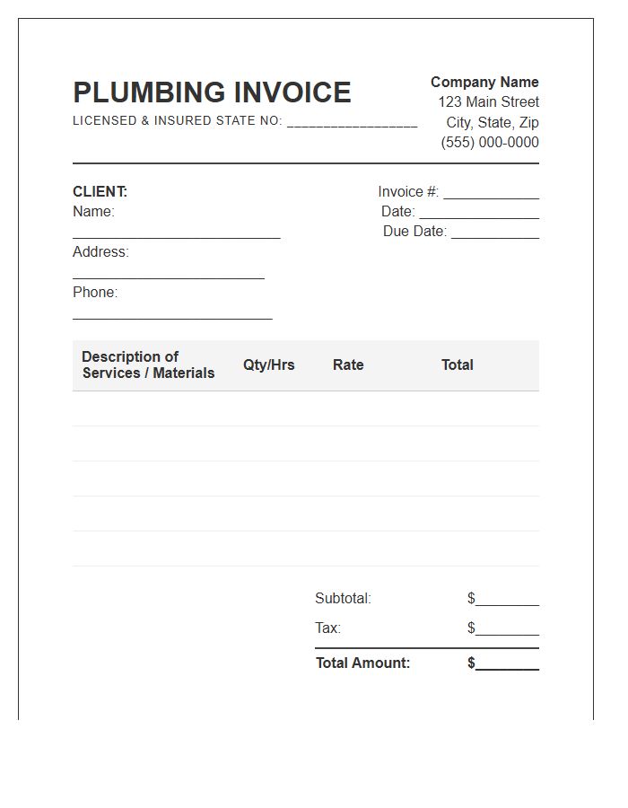 Licensed Residential Plumber Repair Invoice Template