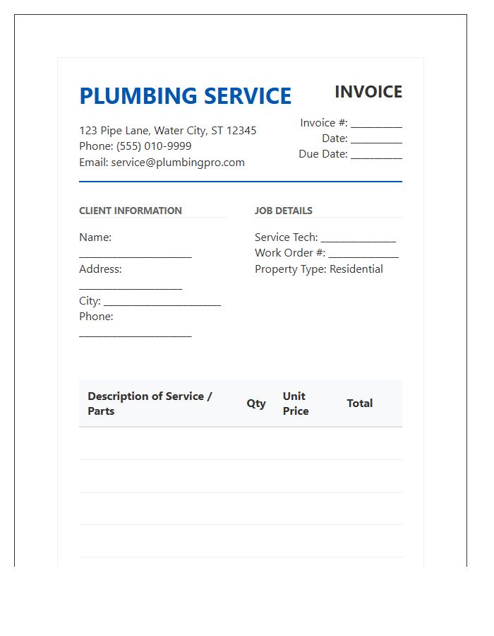 Professional Residential Plumbing Service Invoice Template