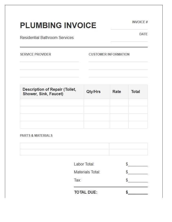 Residential Bathroom Plumbing Repair Invoice Template