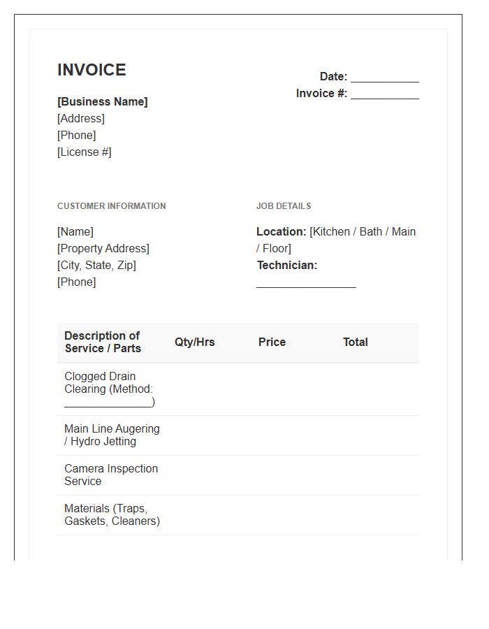 Residential Clogged Drain Service Invoice Template