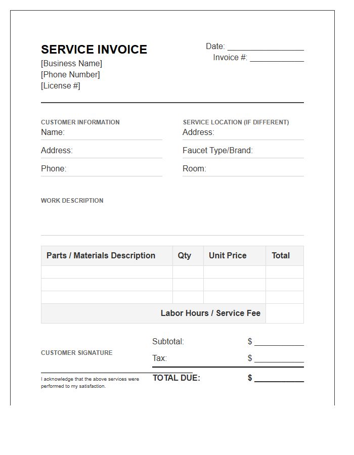Residential Faucet Repair Service Invoice Template