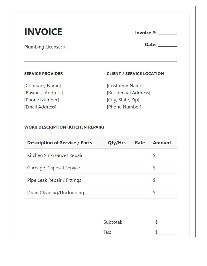 Residential Kitchen Plumbing Repair Invoice Template