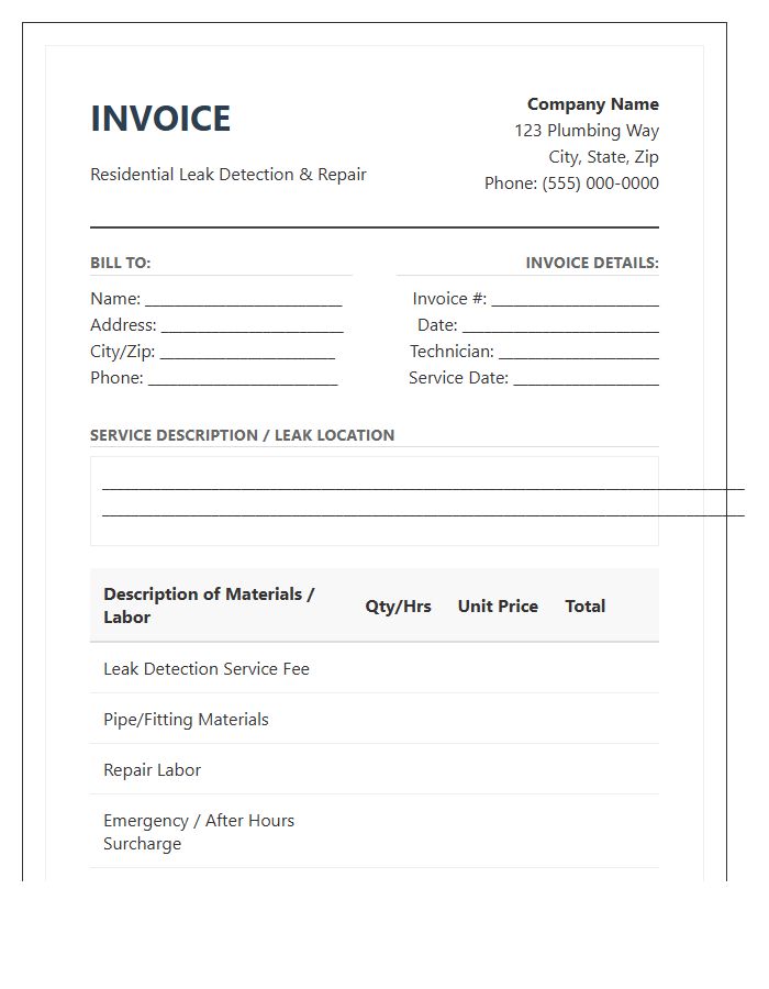 Residential Leak Detection And Repair Invoice Template