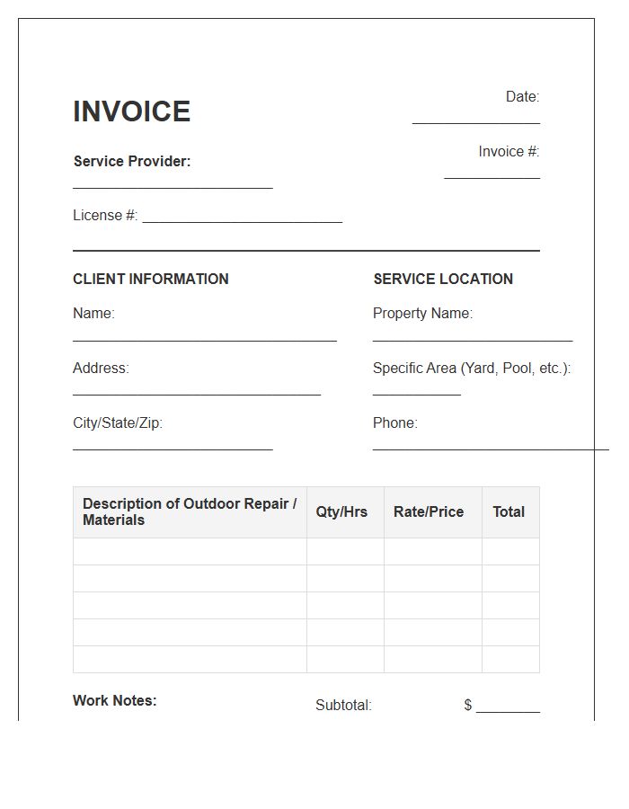 Residential Outdoor Plumbing Repair Invoice Template