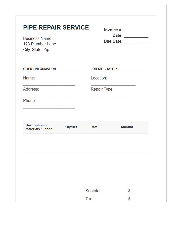 Residential Pipe Repair Service Invoice Template