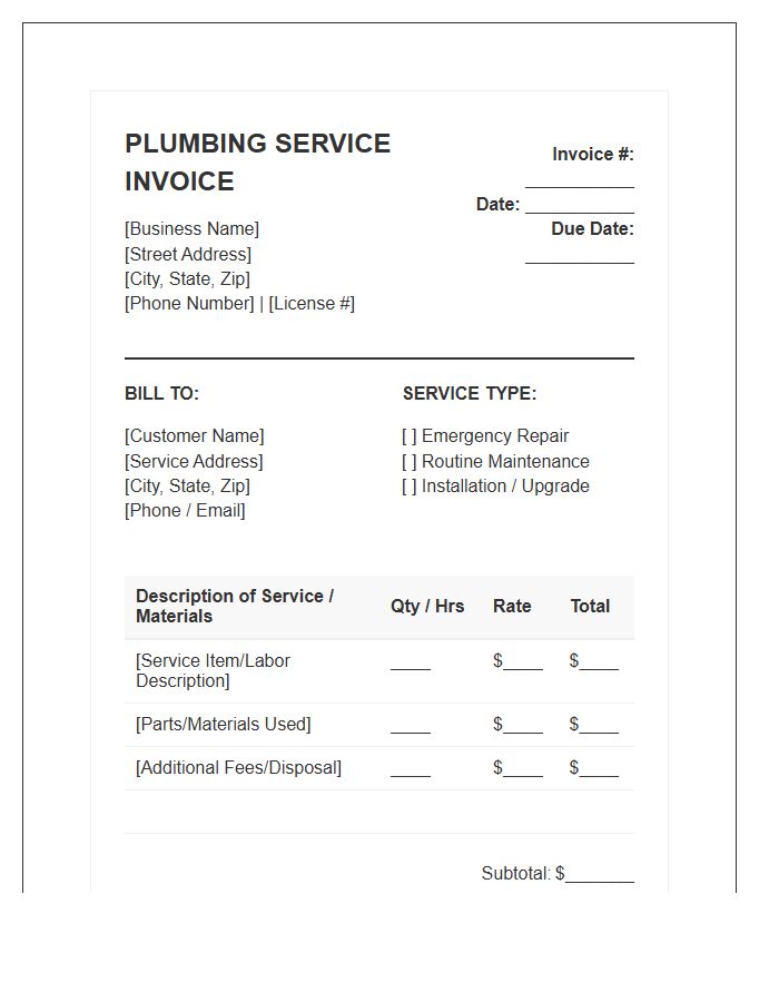 Residential Plumbing Maintenance Service Invoice Template