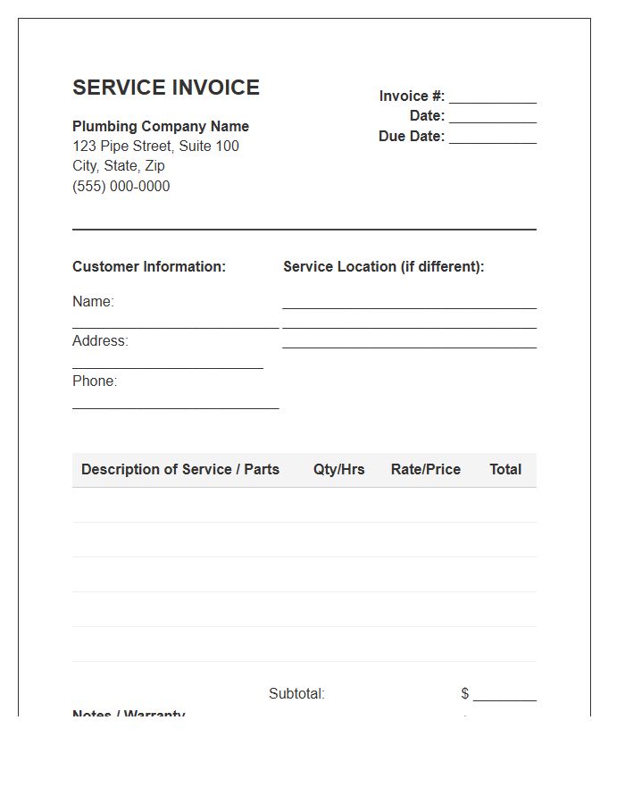Residential Plumbing Repair Service Invoice Template
