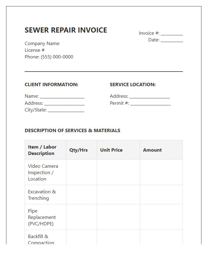 Residential Sewer Line Repair Invoice Template
