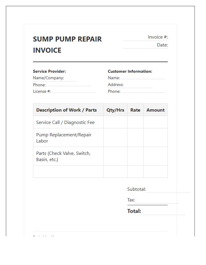 Residential Sump Pump Repair Invoice Template
