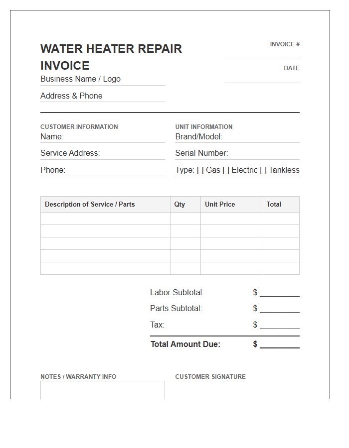 Residential Water Heater Repair Invoice Template