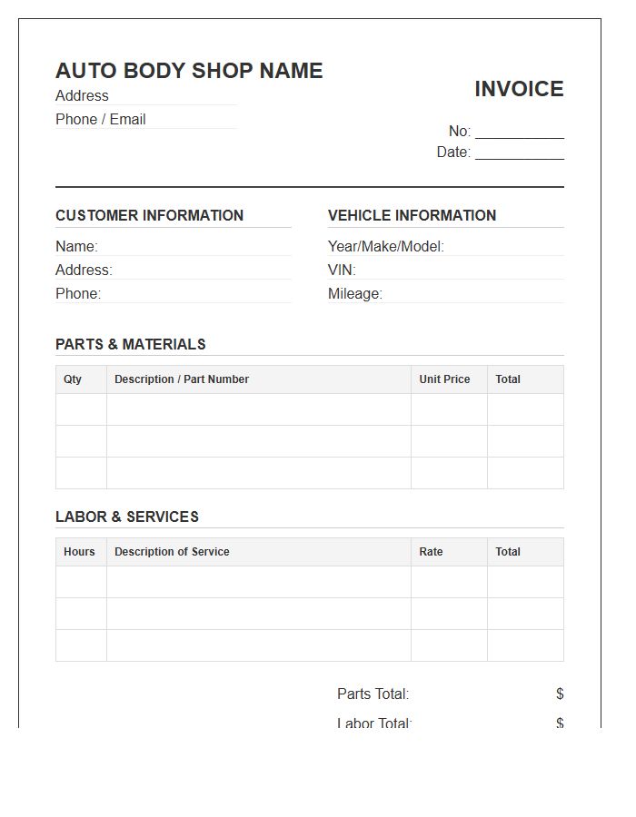 Auto Body Shop Labor And Parts Invoice Template