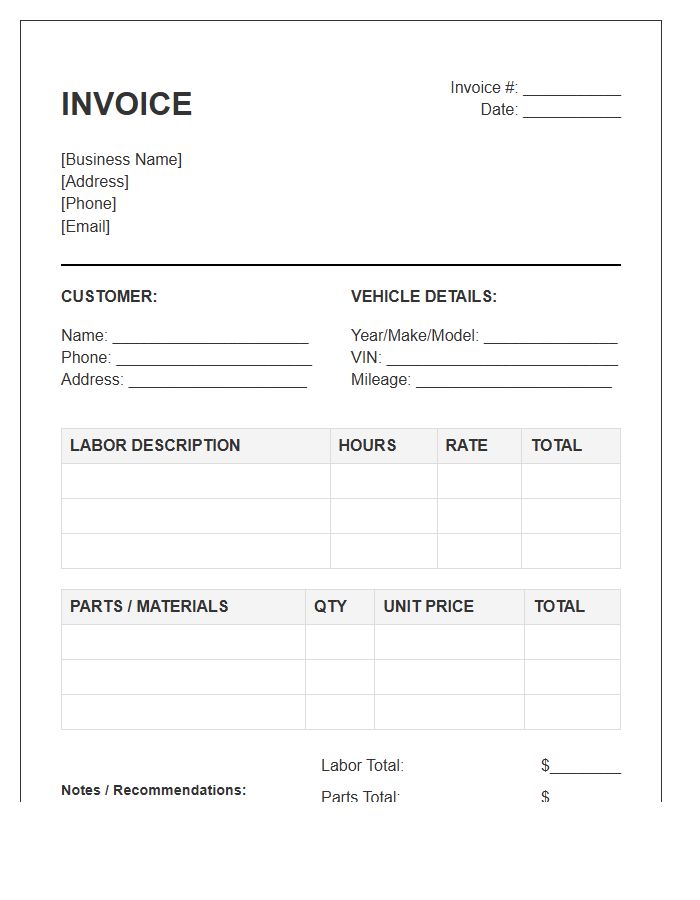 Automotive Repair Labor And Parts Invoice Template