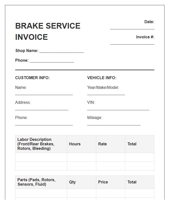 Brake Service Labor And Parts Invoice Template