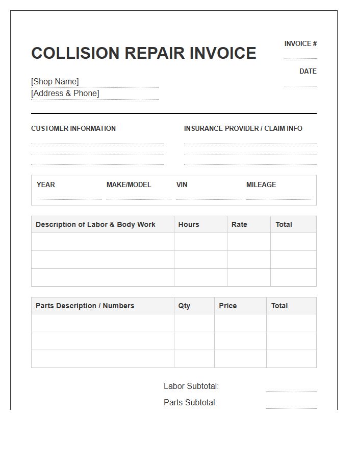 Collision Repair Labor And Parts Invoice Template