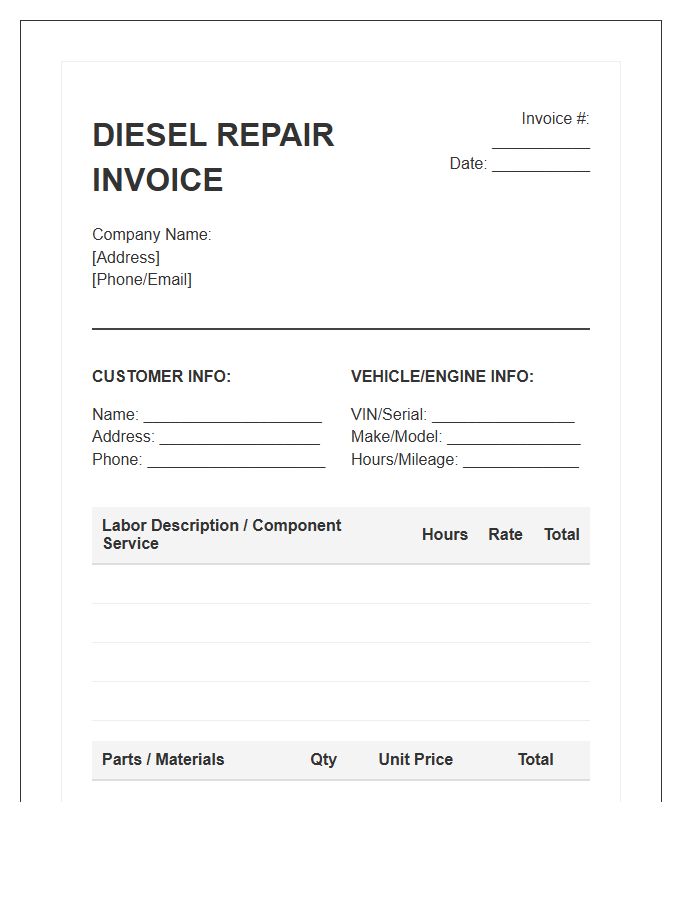 Diesel Engine Repair Labor Invoice Template