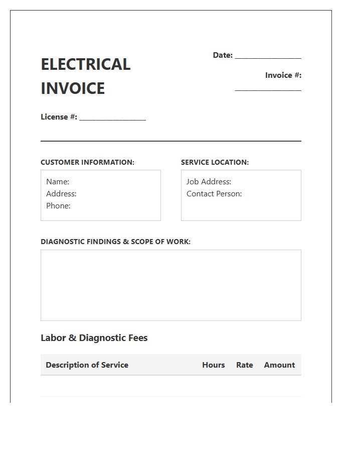 Electrical Diagnostic Labor And Parts Invoice Template