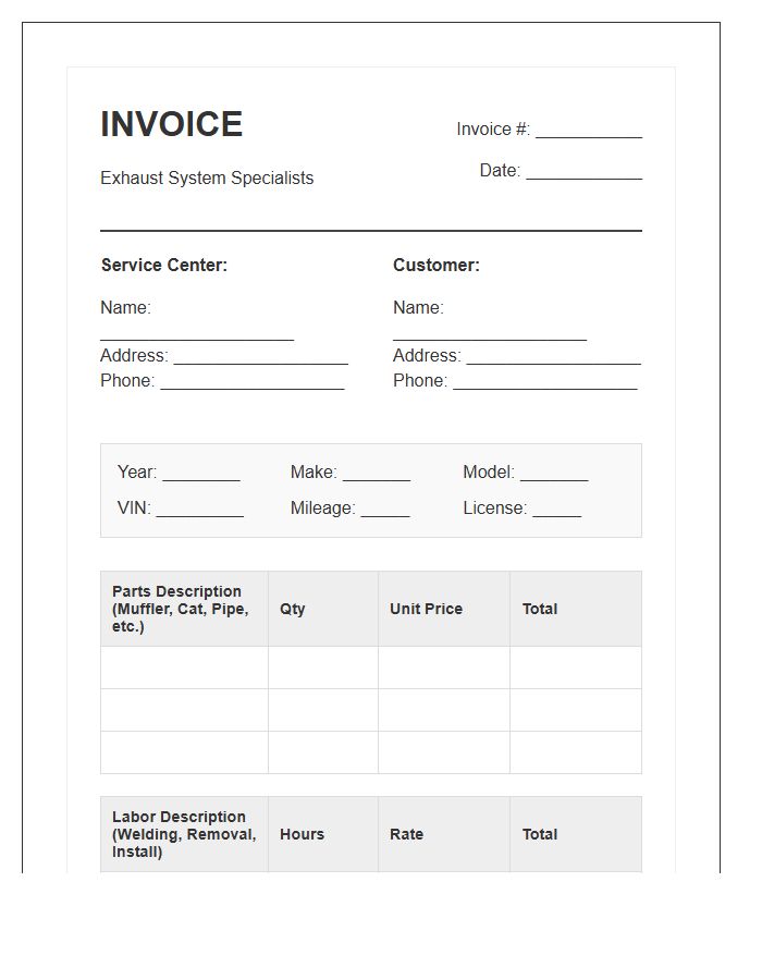 Exhaust System Repair Parts And Labor Invoice Template