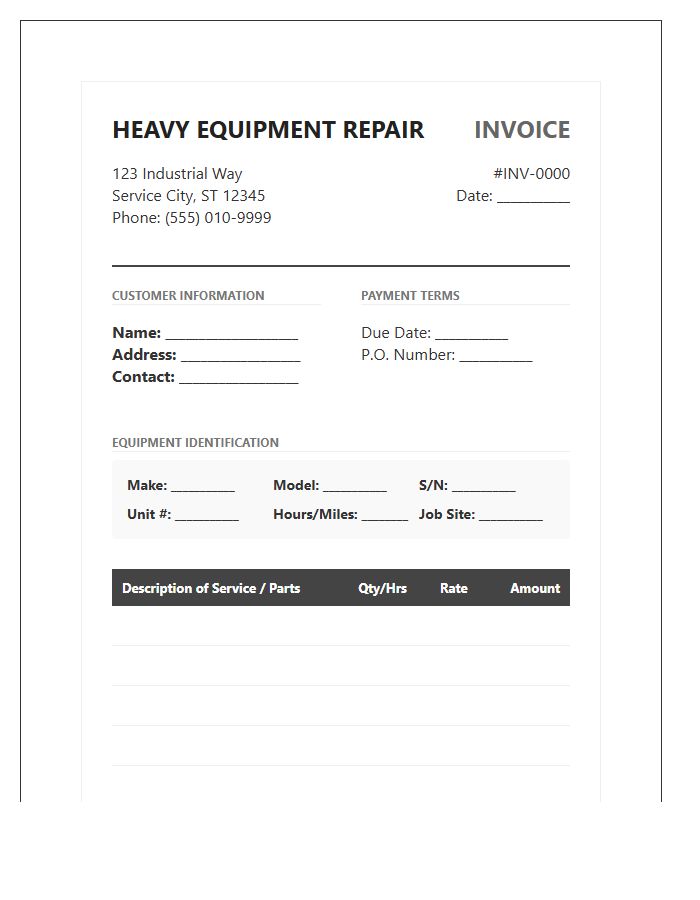 Heavy Equipment Repair Invoice Template