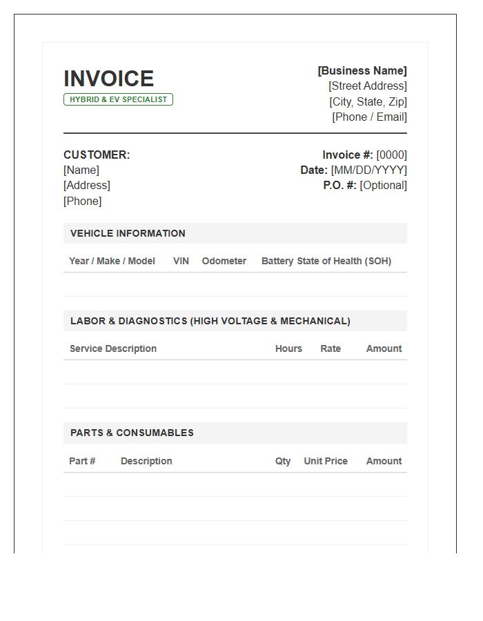 Hybrid Vehicle Service Labor And Parts Invoice Template