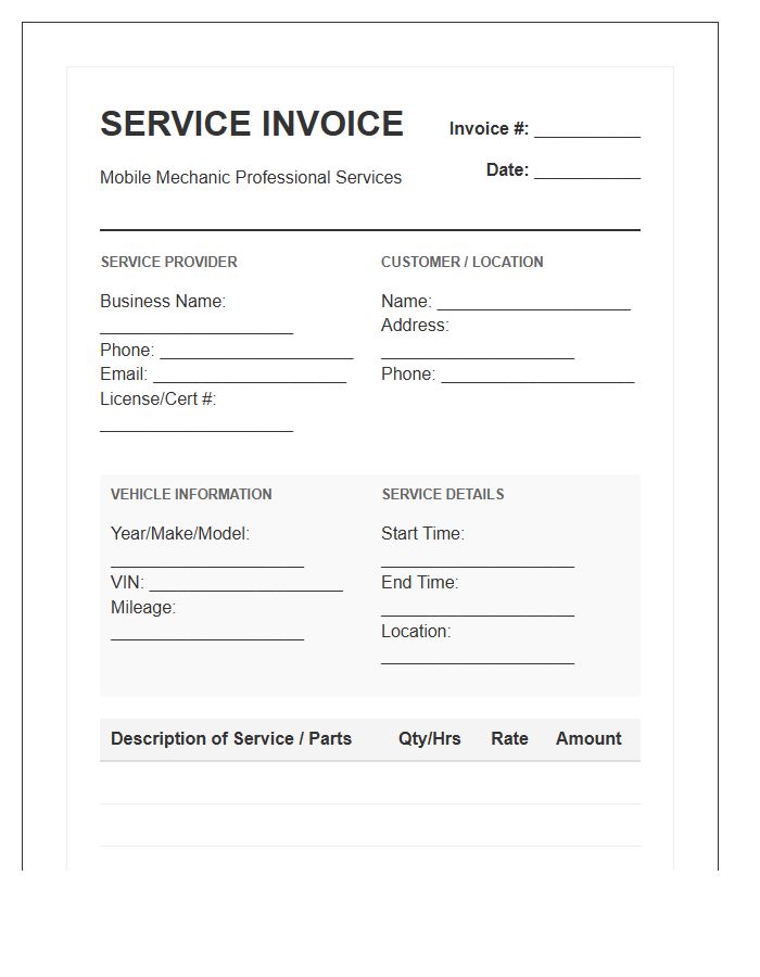 Mobile Mechanic Service Invoice Template