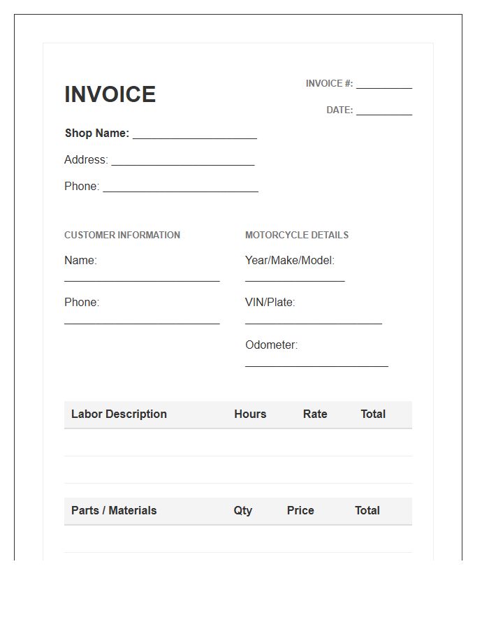 Motorcycle Mechanic Labor And Parts Invoice Template