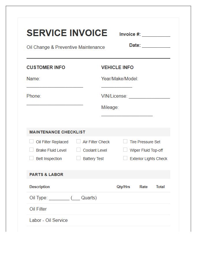 Oil Change And Preventive Maintenance Invoice Template