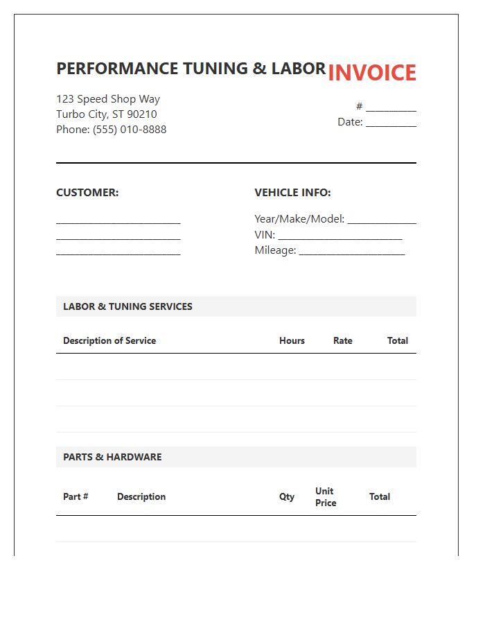 Performance Tuning Labor And Parts Invoice Template
