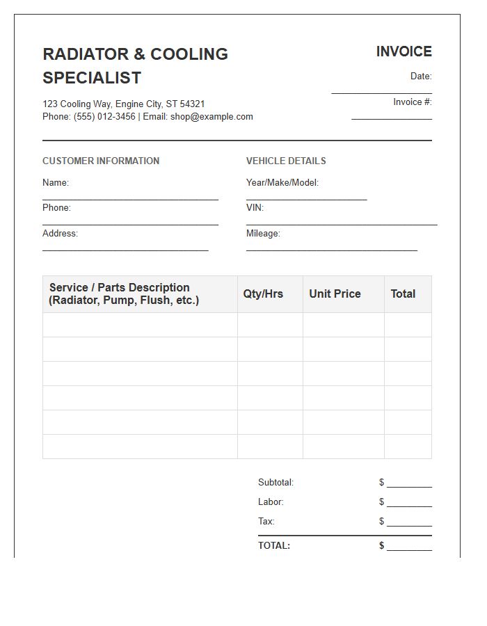 Radiator And Cooling System Invoice Template