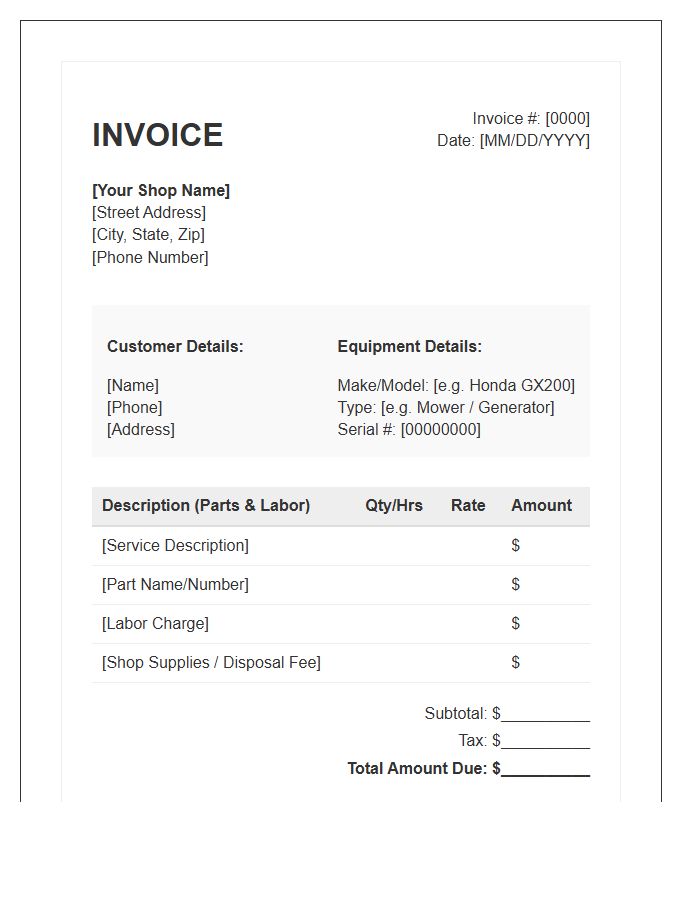 Small Engine Mechanic Invoice Template