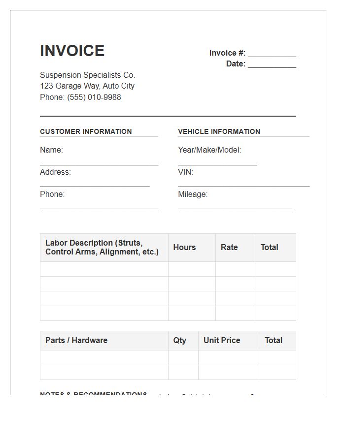 Suspension Repair Labor Invoice Template