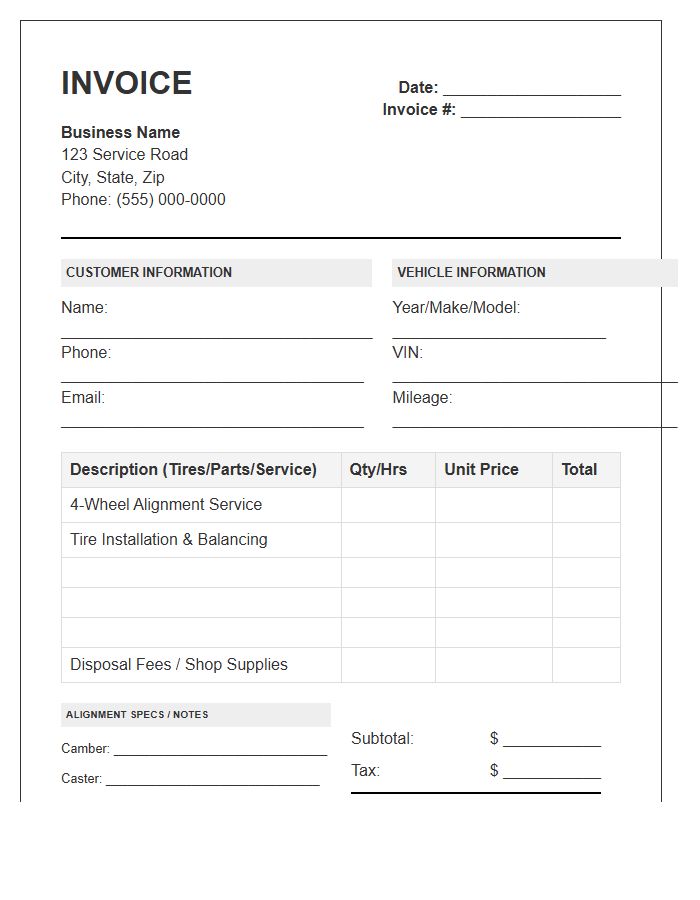 Tire And Alignment Service Invoice Template