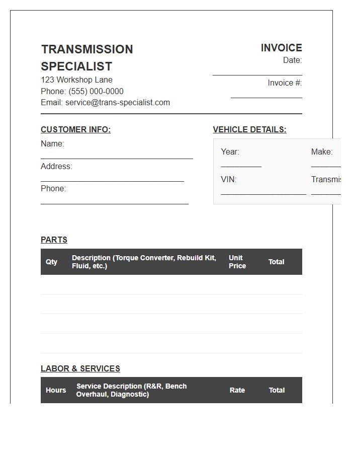 Transmission Specialist Parts And Labor Invoice Template