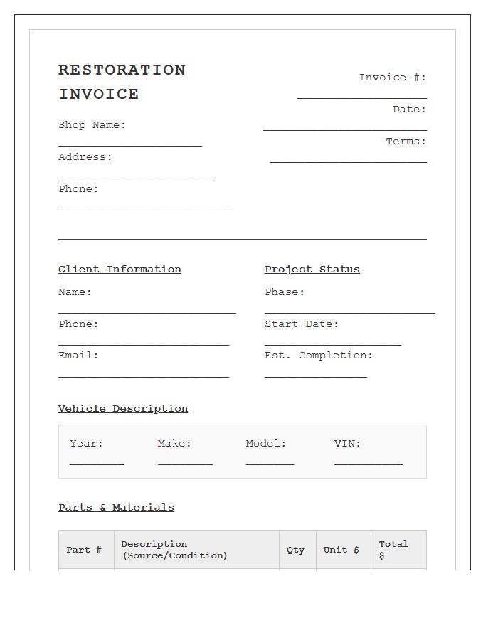 Vintage Car Restoration Parts And Labor Invoice Template