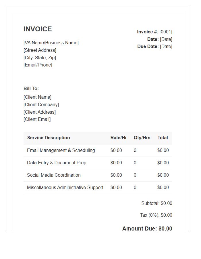 Administrative Virtual Assistant Service Invoice Template