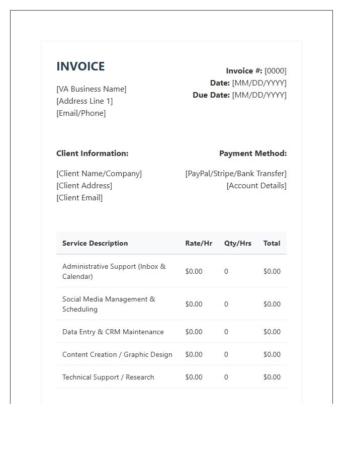 Comprehensive Virtual Assistant Support Services Invoice Template