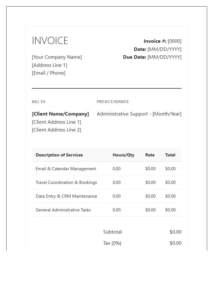 Corporate Virtual Assistant Administrative Support Invoice Template